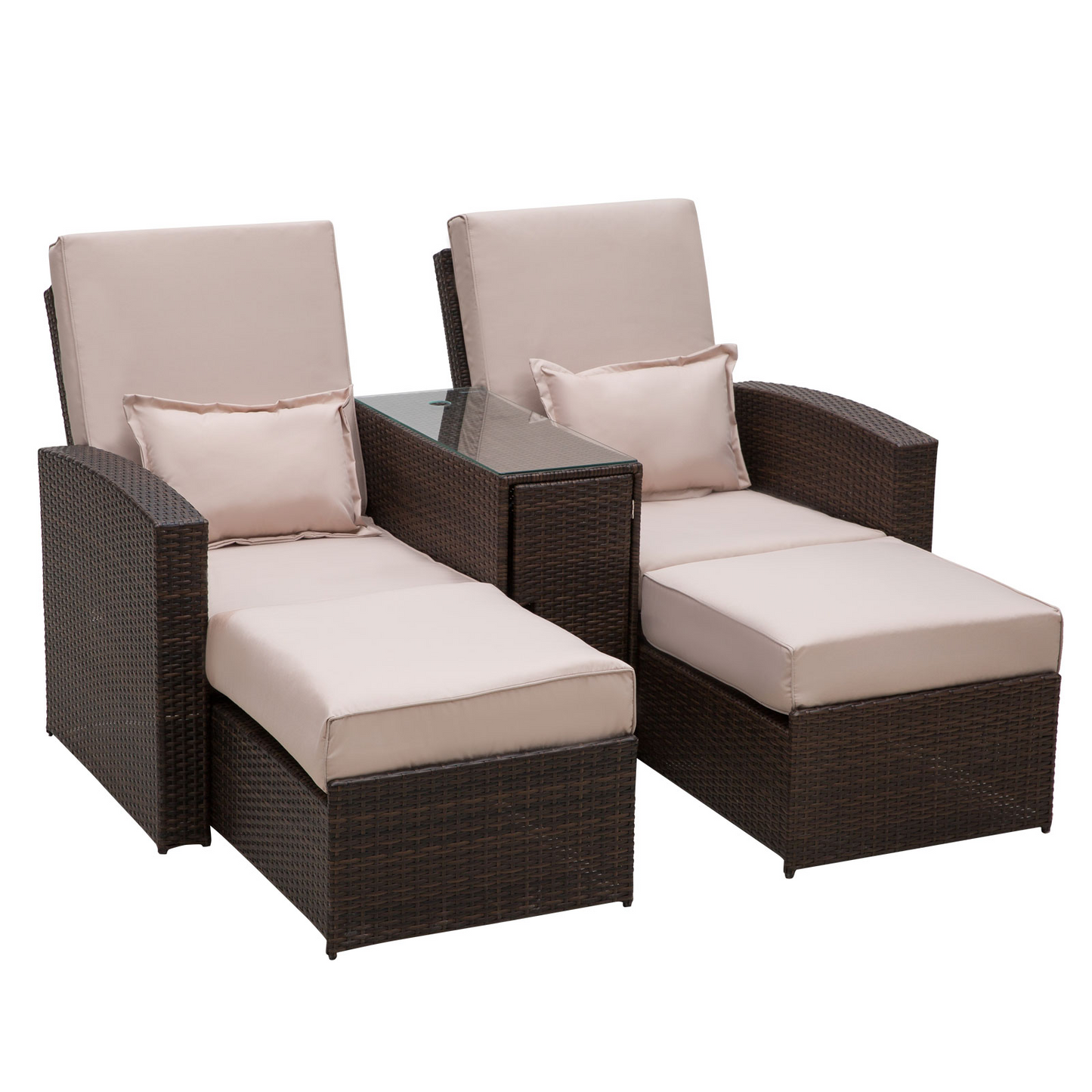 Outsunny Outdoor Adjustable Garden Rattan Companion Sofa Chair & Stool Lounger Recliner Love Sunbed Daybed Patio Wicker Weave Furniture Set Already Assembled with Umbrella Hole Brown