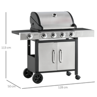 Outsunny Gas Burner Barbecue Grill 4+1 Burner Garden BBQ Trolley w/ Side Burner Warming Rack Side Shelves Storage Cabinet Piezo Ignition Thermometer Stainless Steel + Metal