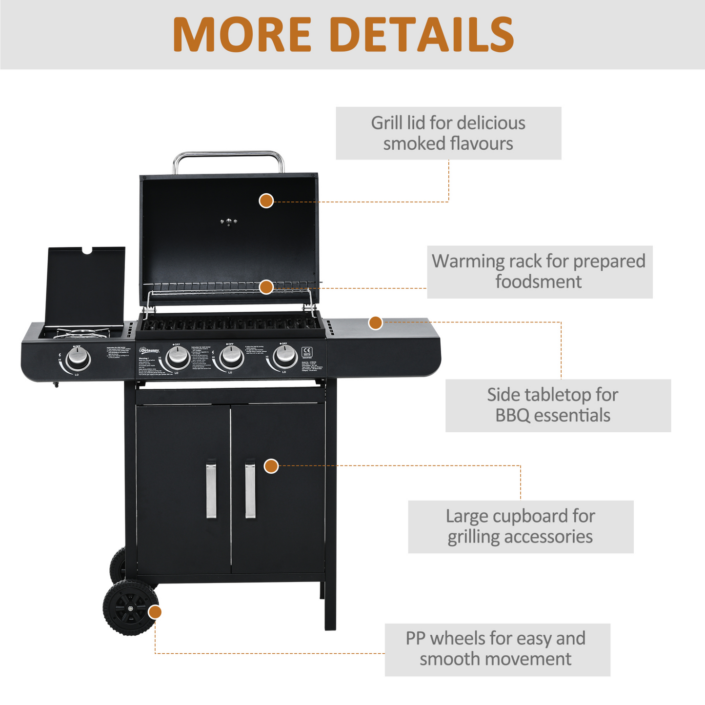 Outsunny Gas Burner Barbecue Grill 3+1 Burner Garden BBQ Trolley w/ Side Burner Warming Rack Side Shelves Storage Cabinet Piezo Ignition Thermometer 110x50x100cm