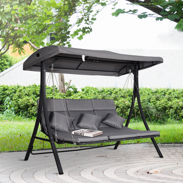 Outsunny 3 Seater Garden Swing Seat Outdoor Swing Chairs Chaise Lounge Padded Seat Hammock Canopy Porch Patio Bench Bed Recliner Sun Lounger - Grey