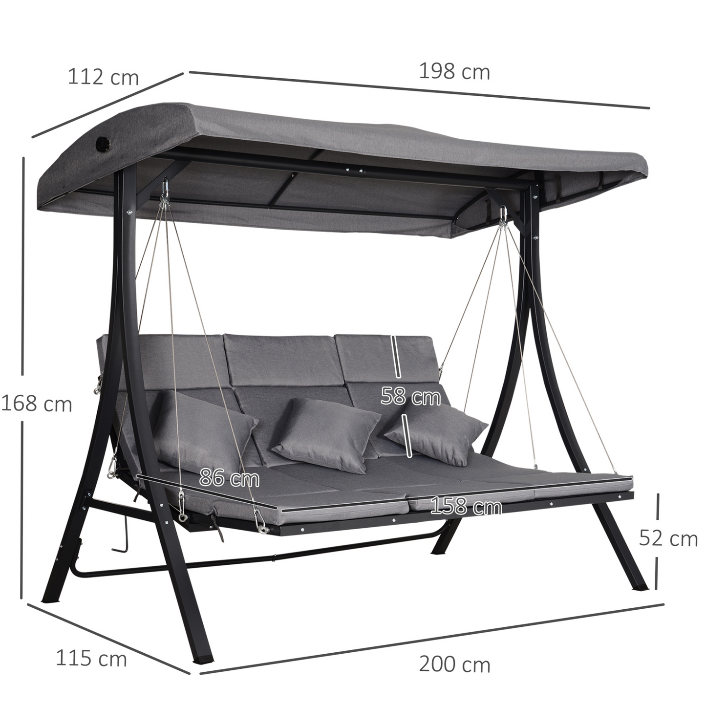 Outsunny 3 Seater Garden Swing Seat Outdoor Swing Chairs Chaise Lounge Padded Seat Hammock Canopy Porch Patio Bench Bed Recliner Sun Lounger - Grey