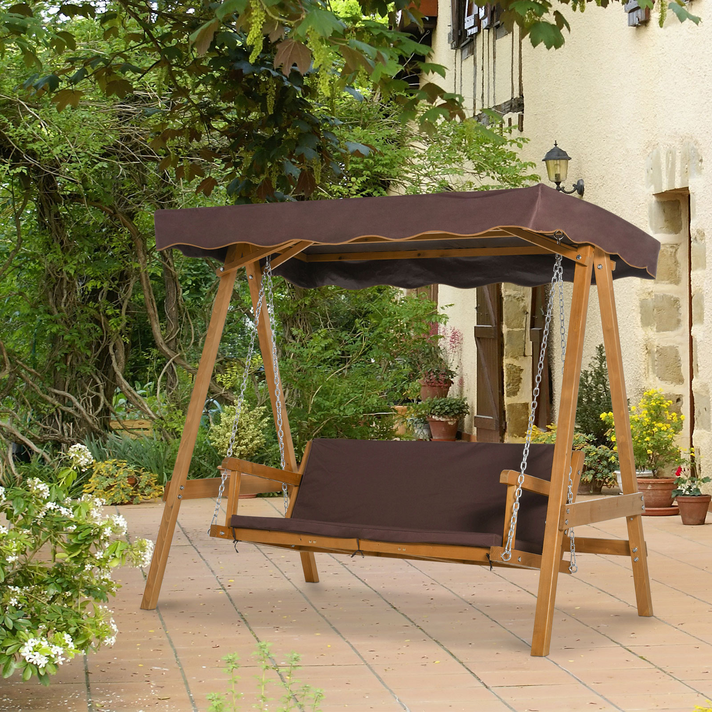 Outsunny 3 Seater Garden Swing Seat Outdoor Swing Chair with Adjustable Canopy, Wooden Hammock Bench with  Padded Cushions for Patio Yard, Brown