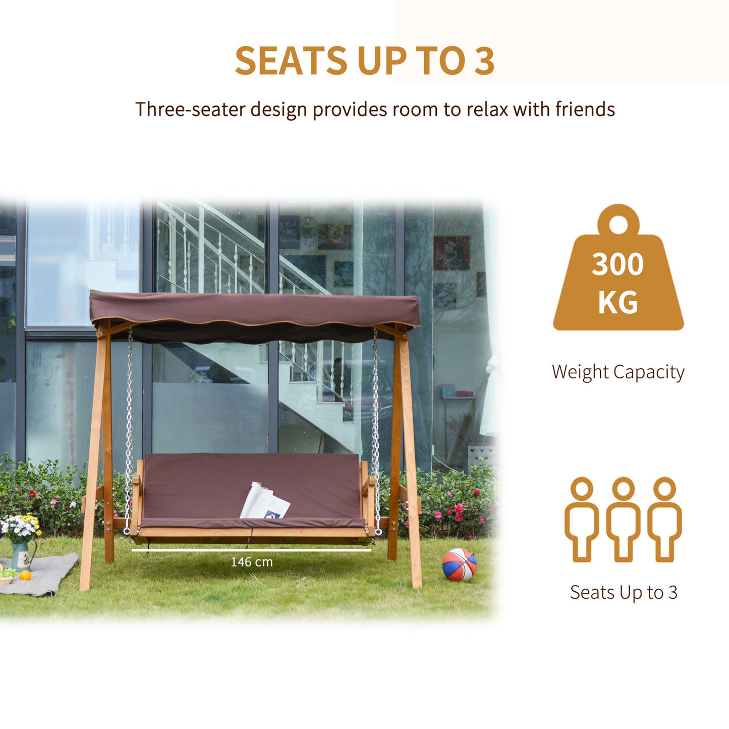 Outsunny 3 Seater Garden Swing Seat Outdoor Swing Chair with Adjustable Canopy, Wooden Hammock Bench with  Padded Cushions for Patio Yard, Brown