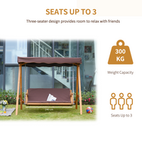 Outsunny 3 Seater Garden Swing Seat Outdoor Swing Chair with Adjustable Canopy, Wooden Hammock Bench with  Padded Cushions for Patio Yard, Brown