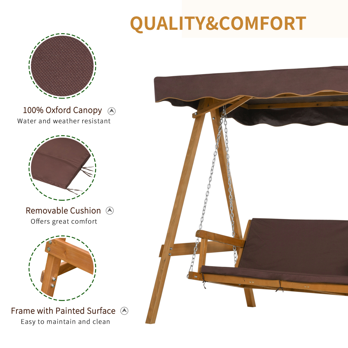 Outsunny 3 Seater Garden Swing Seat Outdoor Swing Chair with Adjustable Canopy, Wooden Hammock Bench with  Padded Cushions for Patio Yard, Brown