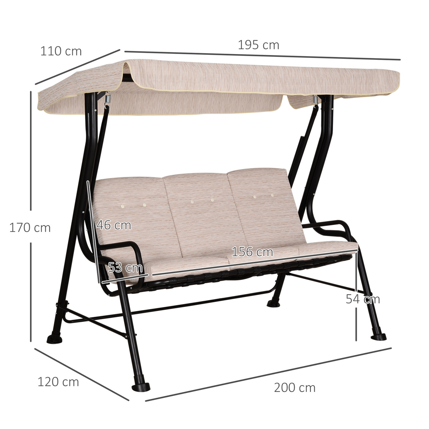 Outsunny 3 Seater Garden Swing Seat Outdoor Swing Chairs Thick Padded Seat Hammock Canopy Porch Patio Bench - Beige