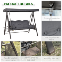 Outsunny 3 Seater Garden Swing Chair Outdoor Hammock Bench w/ Adjustable Canopy, Cushions and Cup Trays, Steel Frame, Dark Grey