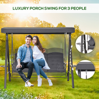 Outsunny 3 Seater Garden Swing Chair Outdoor Hammock Bench w/ Adjustable Canopy, Cushions and Cup Trays, Steel Frame, Dark Grey