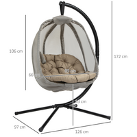 Outsunny Hanging Egg Chair, Folding Texteline Swing Hammock with Side Pocket, Cushion and Stand for Indoor Outdoor, Patio Garden Furniture, Khaki