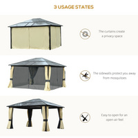 Outsunny 4 x 3.6(m) Hardtop Gazebo Canopy with Polycarbonate Roof and Aluminium Frame, Garden Pavilion with Mosquito Netting and Curtains