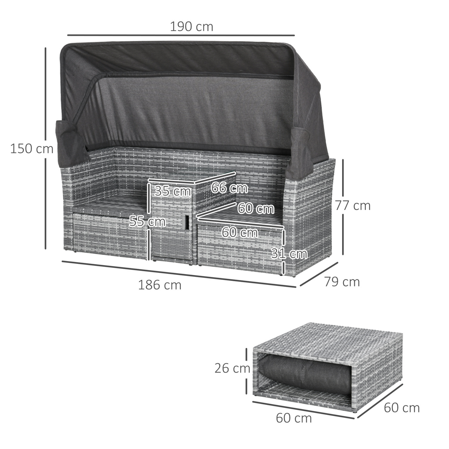 Outsunny 3 Pieces Outdoor PE Rattan Patio Furniture Set Daybed 2-Seater Sofa Footstool Tempered Glass Coffee Table Conversation Set with Retractable Canopy, Olefin Cushion