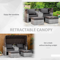 Outsunny 3 Pieces Outdoor PE Rattan Patio Furniture Set Daybed 2-Seater Sofa Footstool Tempered Glass Coffee Table Conversation Set with Retractable Canopy, Olefin Cushion