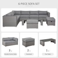 Outsunny 6 PCs PE Rattan Wicker Corner Sofa Set, Outdoor Aluminum Conservatory Furniture Lawn Patio Coffee Table Footstool w/ Cushion - Grey