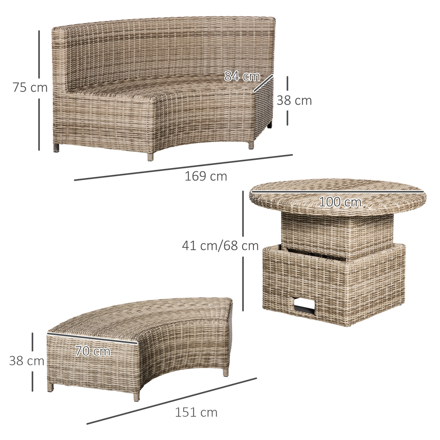 Outsunny 5 Pieces Outdoor PE Rattan Patio Furniture Set Lounge Chair Round Daybed Liftable Coffee Table Conversation Set with Olefin Cushion & Protect Cover