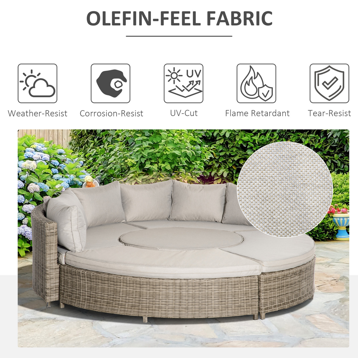 Outsunny 5 Pieces Outdoor PE Rattan Patio Furniture Set Lounge Chair Round Daybed Liftable Coffee Table Conversation Set with Olefin Cushion & Protect Cover