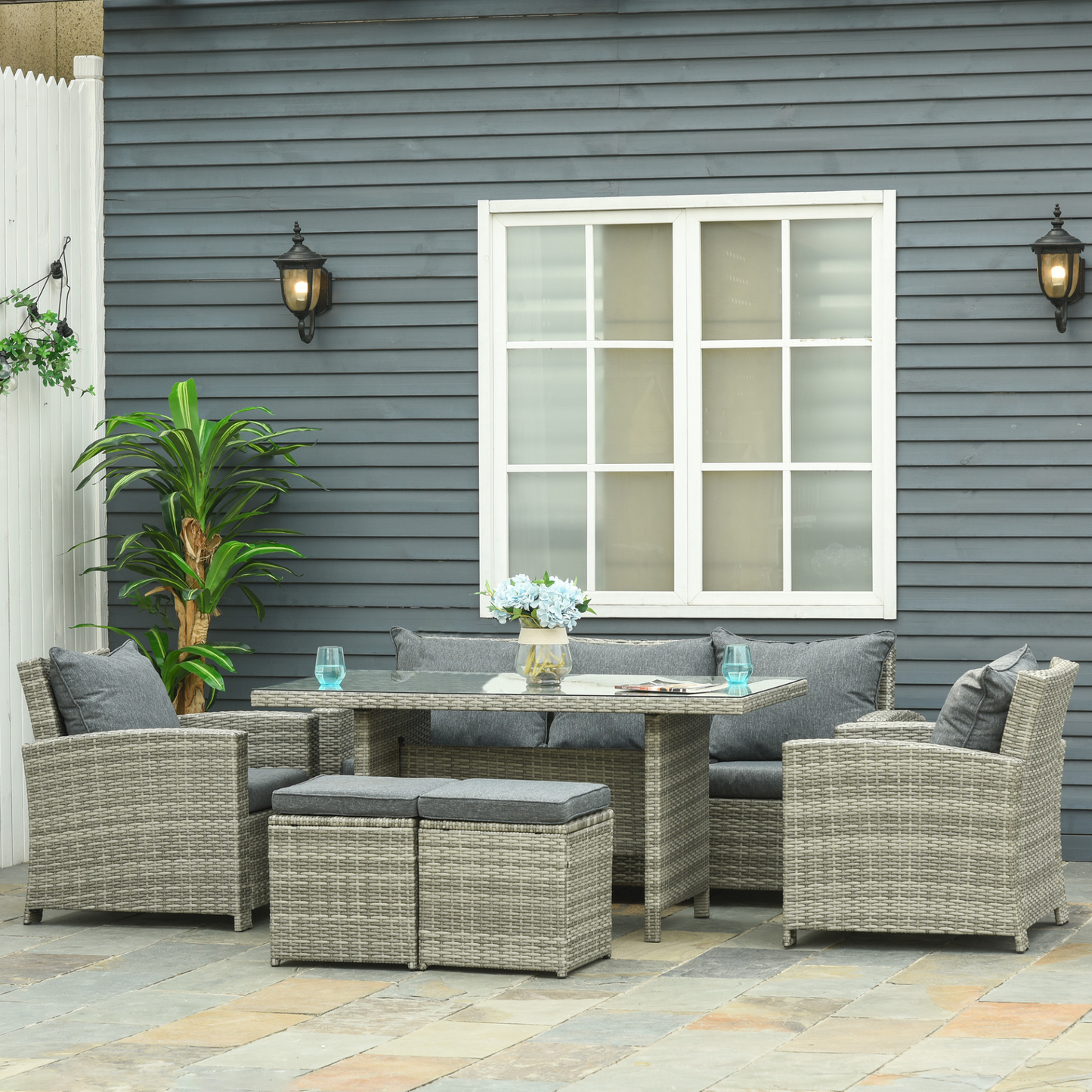 Outsunny 6Pcs Rattan Dining Set, 7-seater Aluminum Sofa Table Footstool Outdoor with Cushion Armchairs Patio Garden Furniture