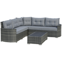 Outsunny 4 Pieces Outdoor PE Rattan Sofa Set, Patio Wicker Sectional Conversation Aluminium Frame Corner Sofa Set, w/ Padded Cushion & Topper Tea Table, Mixed Grey