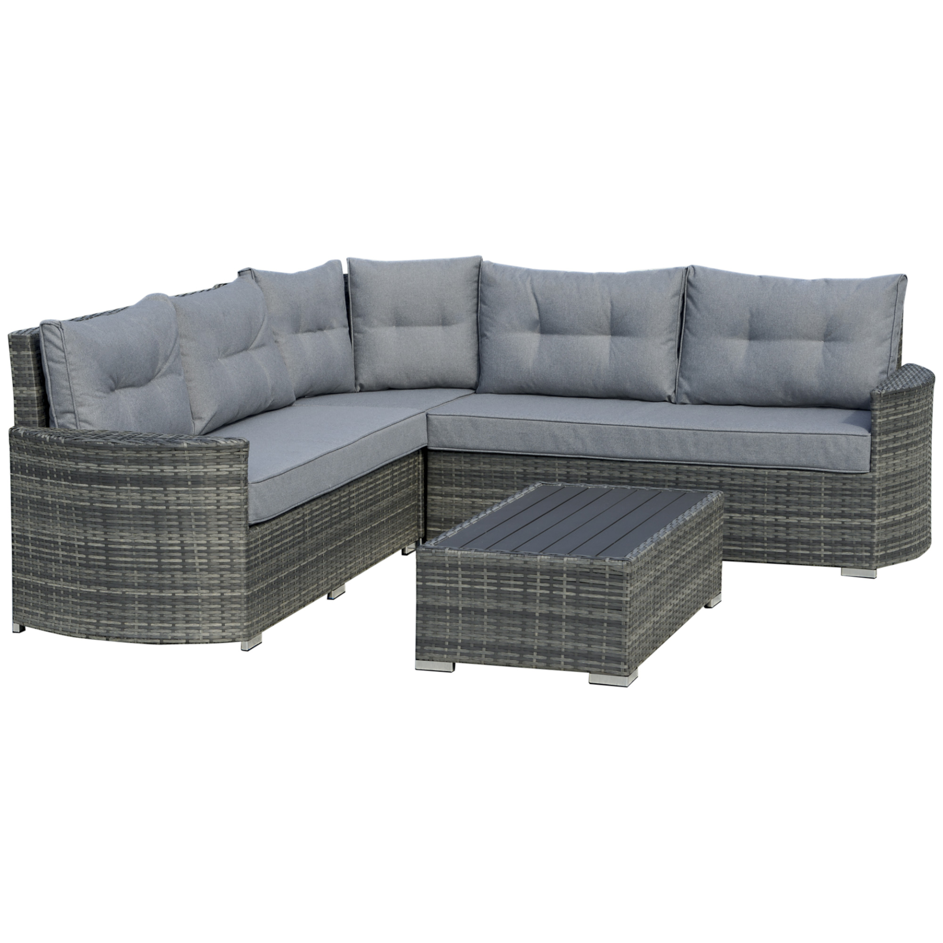 Outsunny 4 Pieces Outdoor PE Rattan Sofa Set, Patio Wicker Sectional Conversation Aluminium Frame Corner Sofa Set, w/ Padded Cushion & Topper Tea Table, Mixed Grey