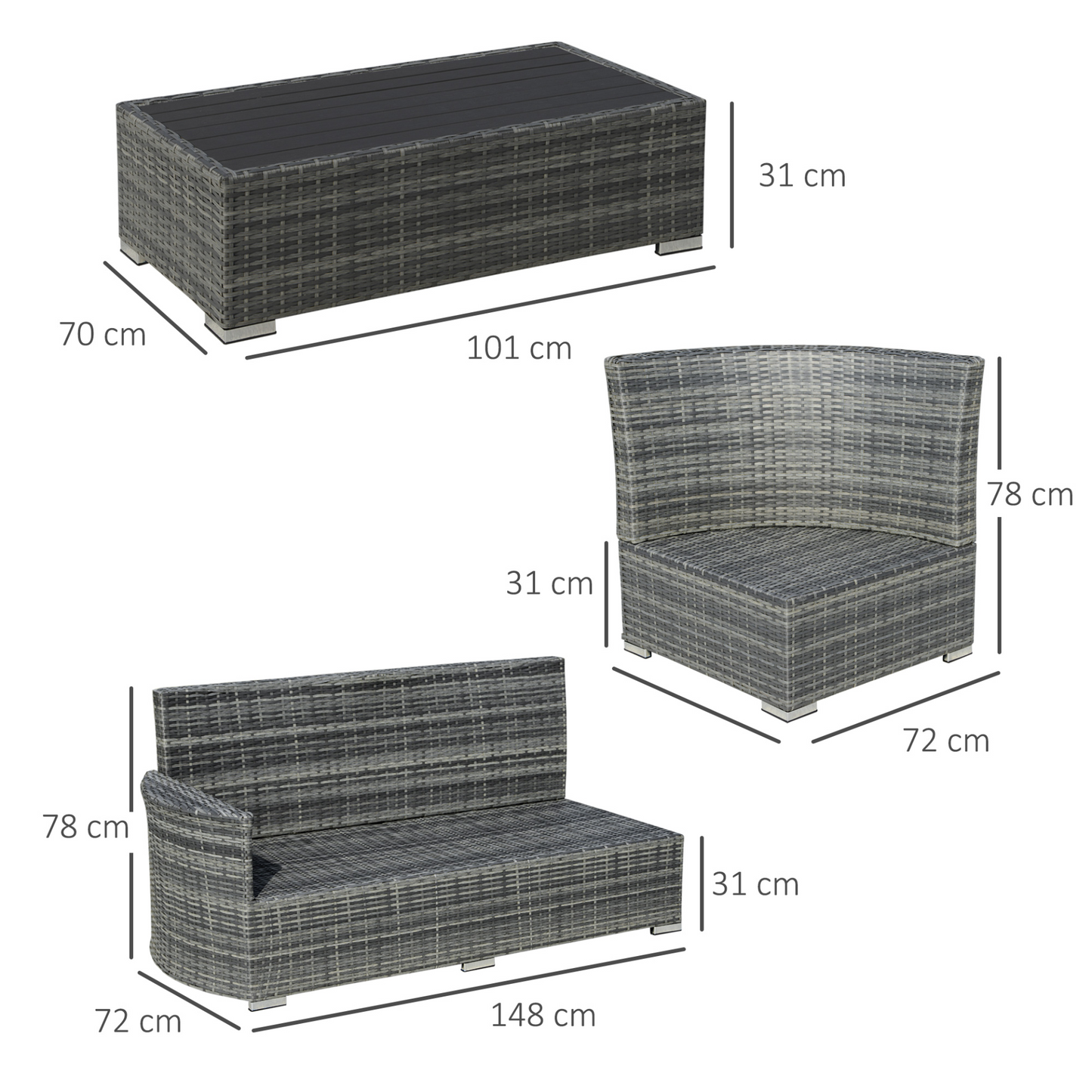 Outsunny 4 Pieces Outdoor PE Rattan Sofa Set, Patio Wicker Sectional Conversation Aluminium Frame Corner Sofa Set, w/ Padded Cushion & Topper Tea Table, Mixed Grey