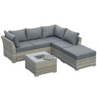 Outsunny 4 Pieces Patio PE Rattan Corner Sofa Set, Outdoor Wicker Sectional Conversation Aluminum Frame Furniture Set w/ Padded Cushion, Tea Table with Ice Bucket, Light Grey