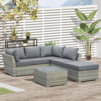 Outsunny 4 Pieces Patio PE Rattan Corner Sofa Set, Outdoor Wicker Sectional Conversation Aluminum Frame Furniture Set w/ Padded Cushion, Tea Table with Ice Bucket, Light Grey