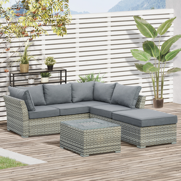 Outsunny 4 Pieces Patio PE Rattan Corner Sofa Set, Outdoor Wicker Sectional Conversation Aluminum Frame Furniture Set w/ Padded Cushion, Tea Table with Ice Bucket, Light Grey