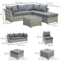 Outsunny 4 Pieces Patio PE Rattan Corner Sofa Set, Outdoor Wicker Sectional Conversation Aluminum Frame Furniture Set w/ Padded Cushion, Tea Table with Ice Bucket, Light Grey