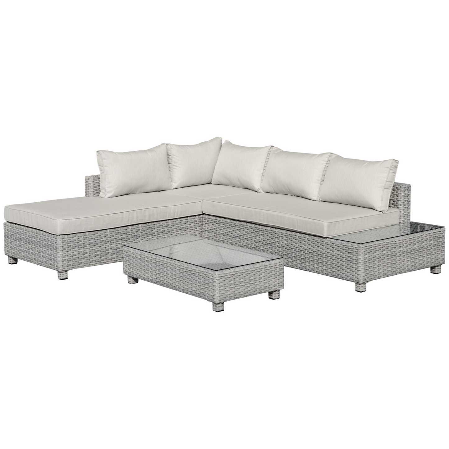 Outsunny 3 Pieces Outdoor PE Rattan Sofa Set, Patio Wicker Sectional Conversation Aluminium Frame Furniture Set, 4-Level Adjust Backrest Chaise Lounge w/ Padded Cushion, Tea Table, Mixed Grey