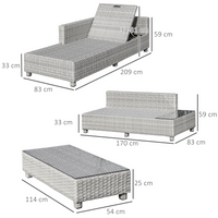 Outsunny 3 Pieces Outdoor PE Rattan Sofa Set, Patio Wicker Sectional Conversation Aluminium Frame Furniture Set, 4-Level Adjust Backrest Chaise Lounge w/ Padded Cushion, Tea Table, Mixed Grey