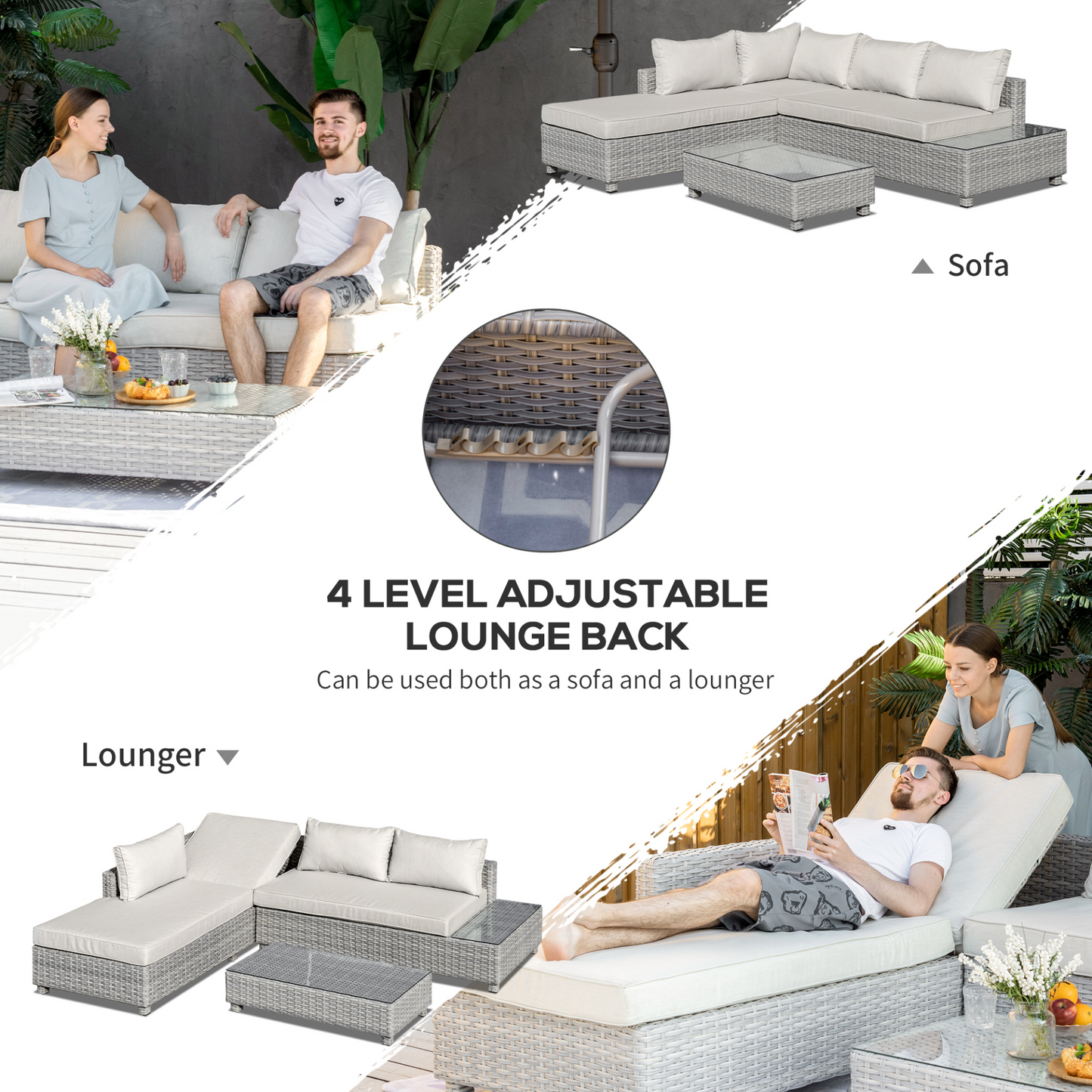 Outsunny 3 Pieces Outdoor PE Rattan Sofa Set, Patio Wicker Sectional Conversation Aluminium Frame Furniture Set, 4-Level Adjust Backrest Chaise Lounge w/ Padded Cushion, Tea Table, Mixed Grey