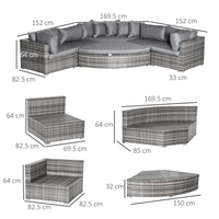 Outsunny 6 PCs Outdoor Rattan Wicker Sofa Set Bonzer Half Round Patio Conversation Furniture Set w/ Angled Corner Design, Cushions Grey