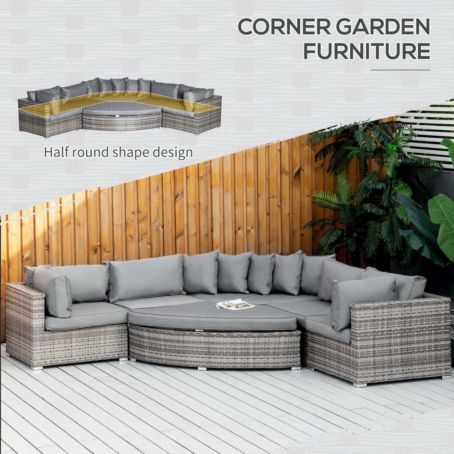 Outsunny 6 PCs Outdoor Rattan Wicker Sofa Set Bonzer Half Round Patio Conversation Furniture Set w/ Angled Corner Design, Cushions Grey