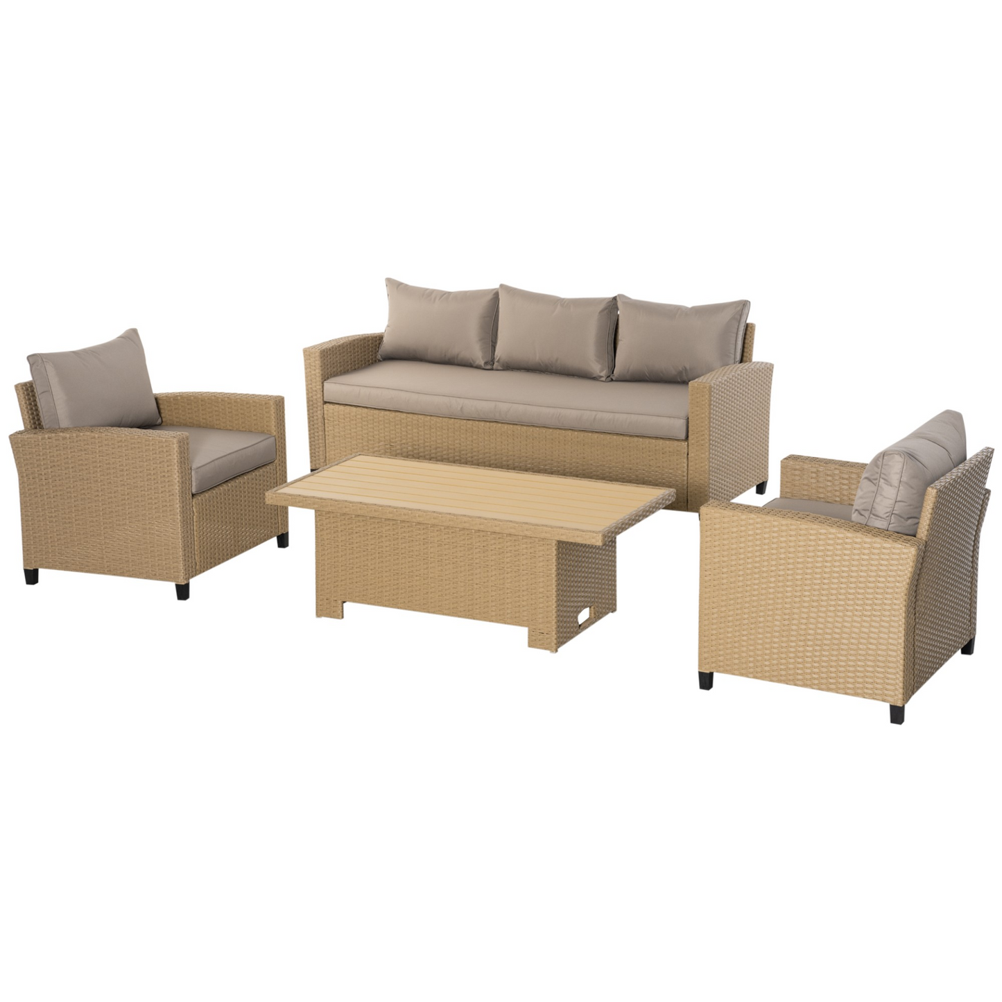 Outsunny 4 PCS Outdoor PE Rattan Sofa Set, Patio Twin Wicker Aluminium Frame Conversation Furniture w/ Adjustable Wood Grain Plastic Table-top Table & Thick Cushion for Garden, Backyard, Lawn, Khaki