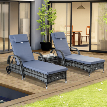 Outsunny 3 Pieces Patio Lounge Chair Set, Garden Wicker Wheeling Recliner Outdoor Daybed, PE Rattan Lounge Chairs for Outside with Cushions & Side Coffee Table for Backyard, Poolside, Grey