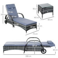 Outsunny 3 Pieces Patio Lounge Chair Set, Garden Wicker Wheeling Recliner Outdoor Daybed, PE Rattan Lounge Chairs for Outside with Cushions & Side Coffee Table for Backyard, Poolside, Grey