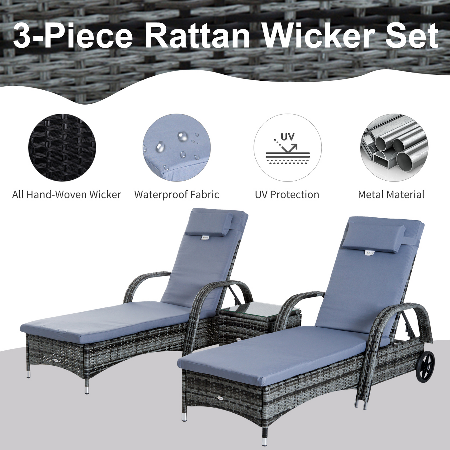 Outsunny 3 Pieces Patio Lounge Chair Set, Garden Wicker Wheeling Recliner Outdoor Daybed, PE Rattan Lounge Chairs for Outside with Cushions & Side Coffee Table for Backyard, Poolside, Grey