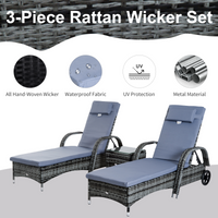 Outsunny 3 Pieces Patio Lounge Chair Set, Garden Wicker Wheeling Recliner Outdoor Daybed, PE Rattan Lounge Chairs for Outside with Cushions & Side Coffee Table for Backyard, Poolside, Grey