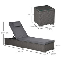 Outsunny 3PC Rattan Sun Lounger, Garden Furniture with Side Table, 5-Position Adjustable Recline Chair, Grey