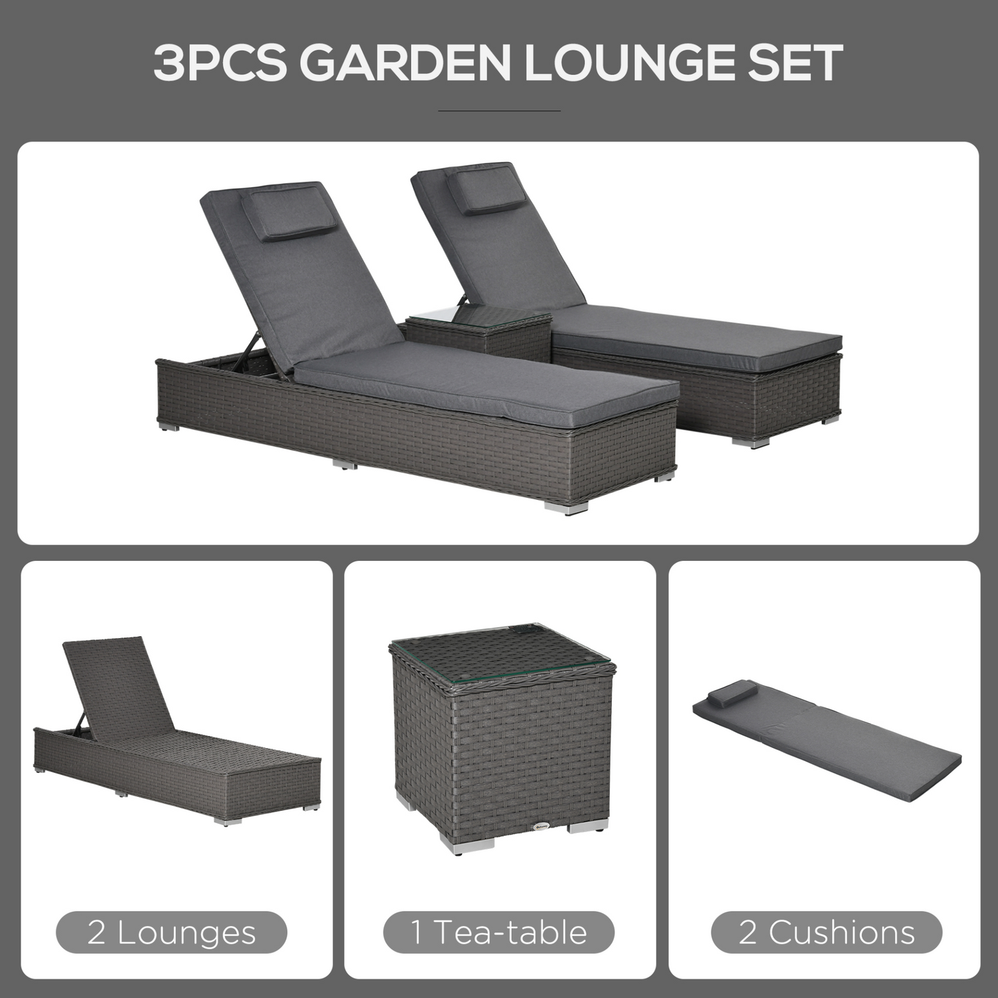 Outsunny 3PC Rattan Sun Lounger, Garden Furniture with Side Table, 5-Position Adjustable Recline Chair, Grey