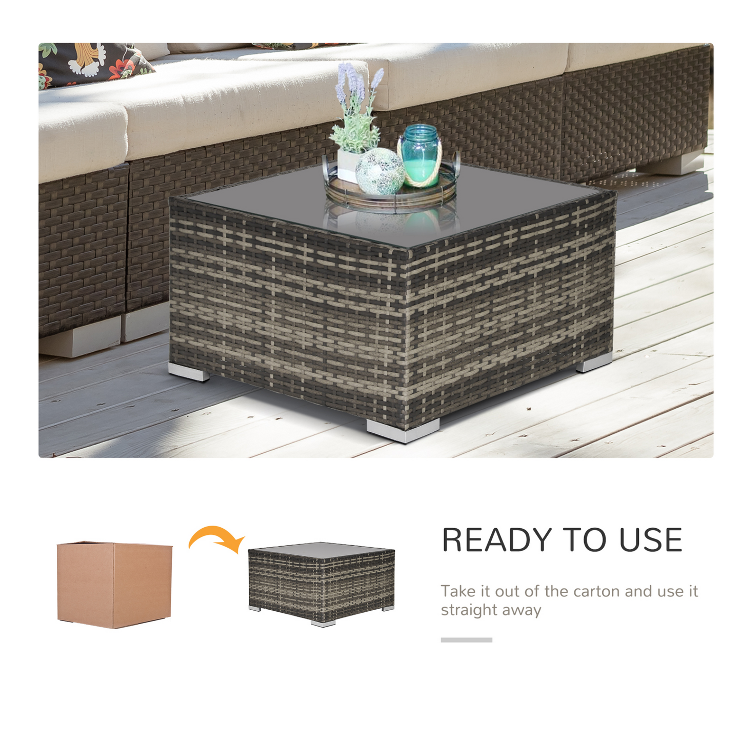 Outsunny Patio Rattan Coffee Table Ready to Use Outdoor Furniture Suitable for Garden Backyard, Deep Grey