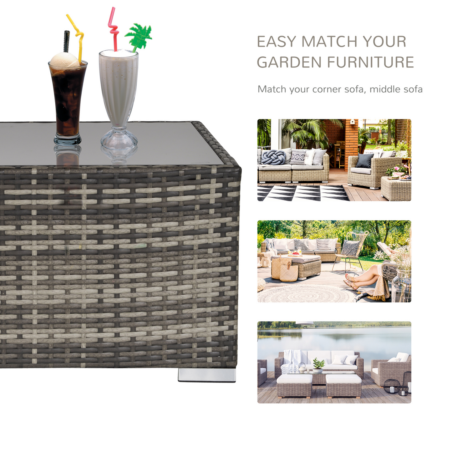 Outsunny Patio Rattan Coffee Table Ready to Use Outdoor Furniture Suitable for Garden Backyard, Deep Grey