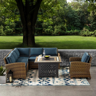 Bradenton 5Pc Outdoor Wicker Sectional Set Weathered Brown/Navy