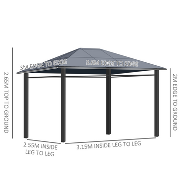 Outsunny 3.6 x 3(m) Hardtop Gazebo with UV Resistant Polycarbonate Roof, Steel & Aluminum Frame, Garden Pavilion with Curtains, Grey