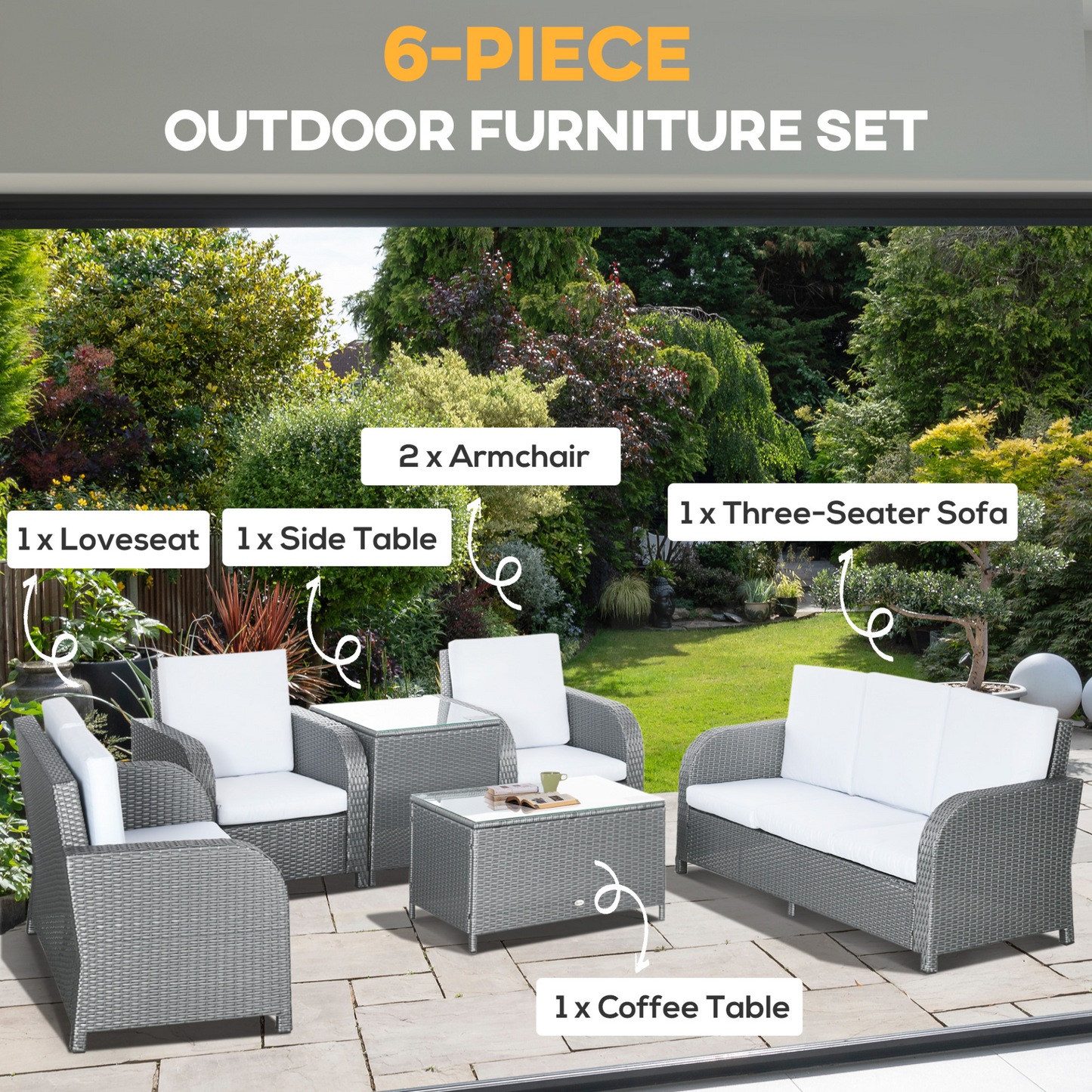 Outsunny 6 Piece Rattan Garden Furniture Sets, 7 Seater Outdoor Sofa Sectional with Wicker Sofa, Reclining Armchair and Glass Table for Yard, Poolside, Grey