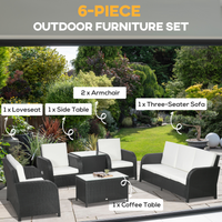 Outsunny 6 Piece Rattan Garden Furniture Sets, 7 Seater Outdoor Sofa Sectional with Wicker Sofa, Reclining Armchair and Glass Table for Yard, Poolside, Black