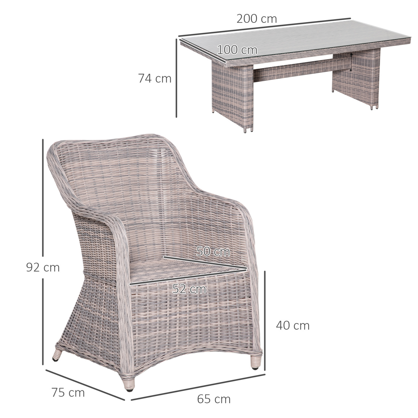 Outsunny 7 Pieces Patio Wicker Rectangular Garden Dining Set, Outdoor Mixed Round & Half-round PE Rattan Aluminum Conversation Furniture Sets w/ Tempered Glass Table & Padded Cushion, Grey