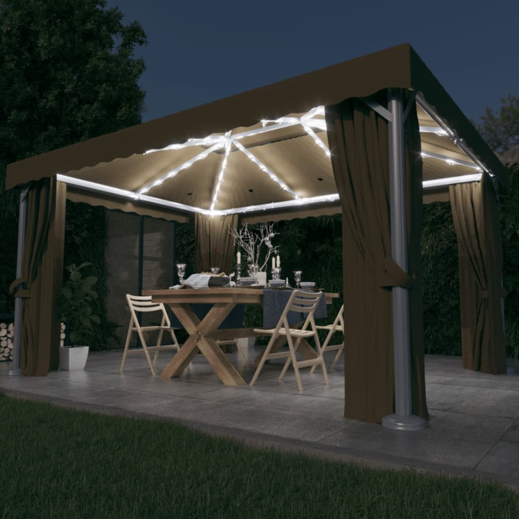 vidaXL Gazebo with Curtain & LED String Lights 4x3 m Taupe | Outdoor Party Tent