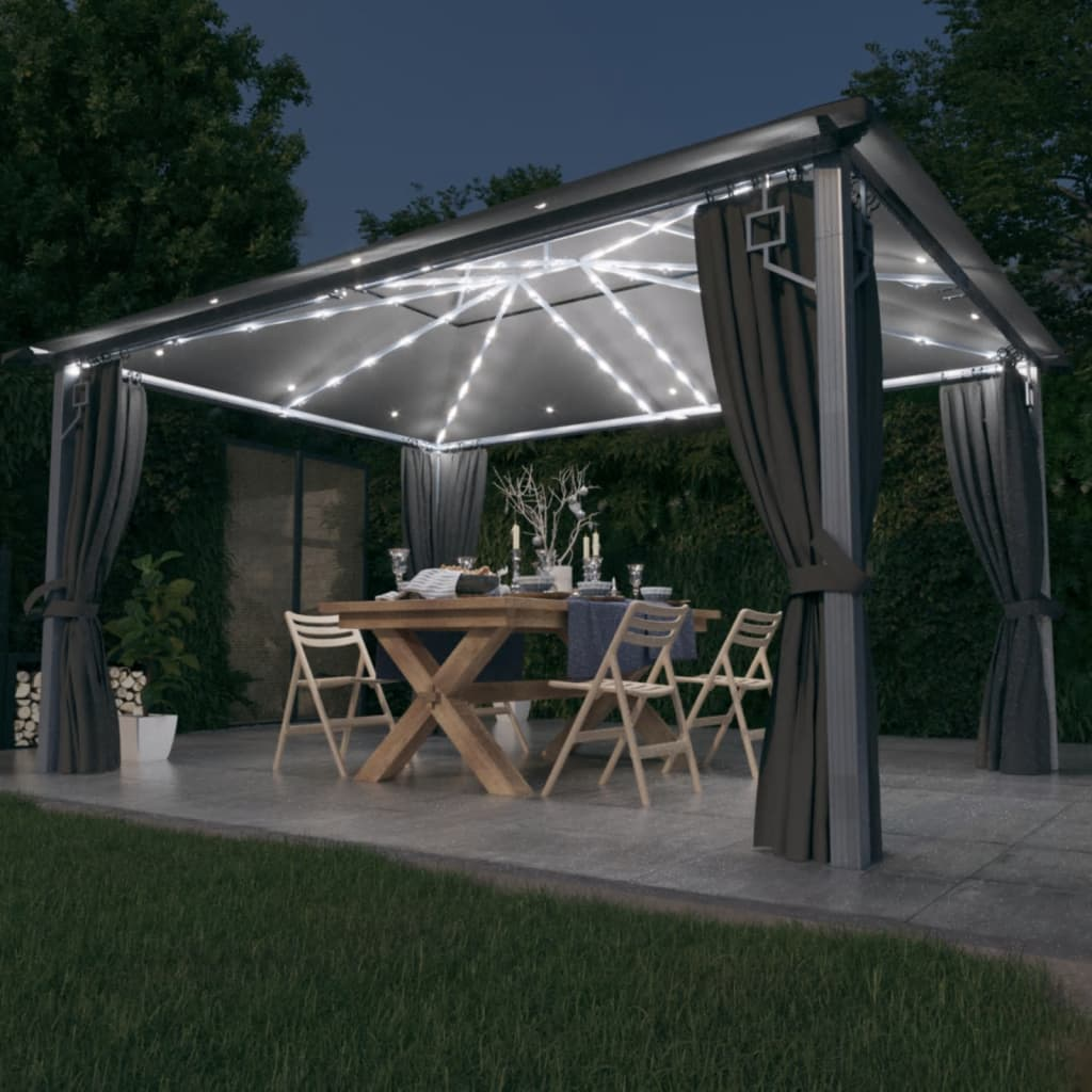 vidaXL Gazebo with Curtain & LED String Lights 4x3m Anthracite Aluminium - Outdoor Sunshade Shelter for Events