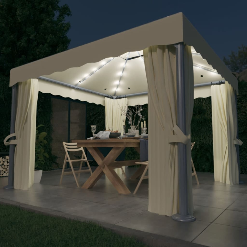 vidaXL Gazebo with Curtain & LED String Lights 3x3m Cream White - Outdoor Party, Picnic, and BBQ Canopy with Solar-Powered Lights