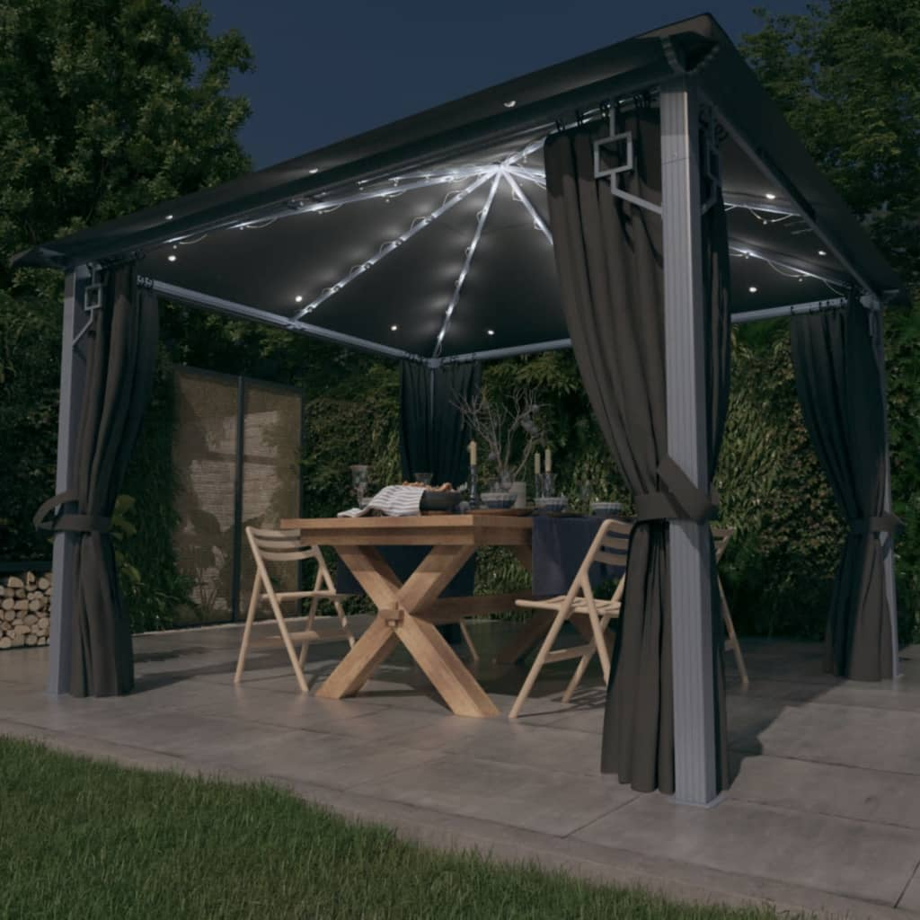 vidaXL Gazebo with Curtain&LED String Lights 3x3 m Anthracite Aluminium